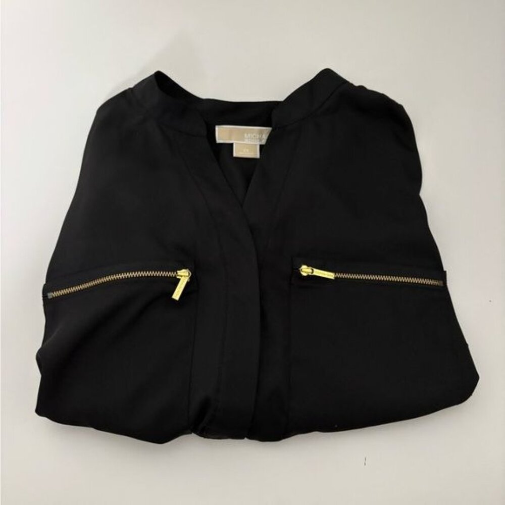 Michael Kors Blouse 2X Zip Pockets V Neck Quiet Luxury Dark Academia Soft Girl - Picture 11 of 12